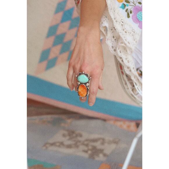 Vintage Turquoise & Orange Spiny Oyster Sterling Ring - Picture 3 of 5